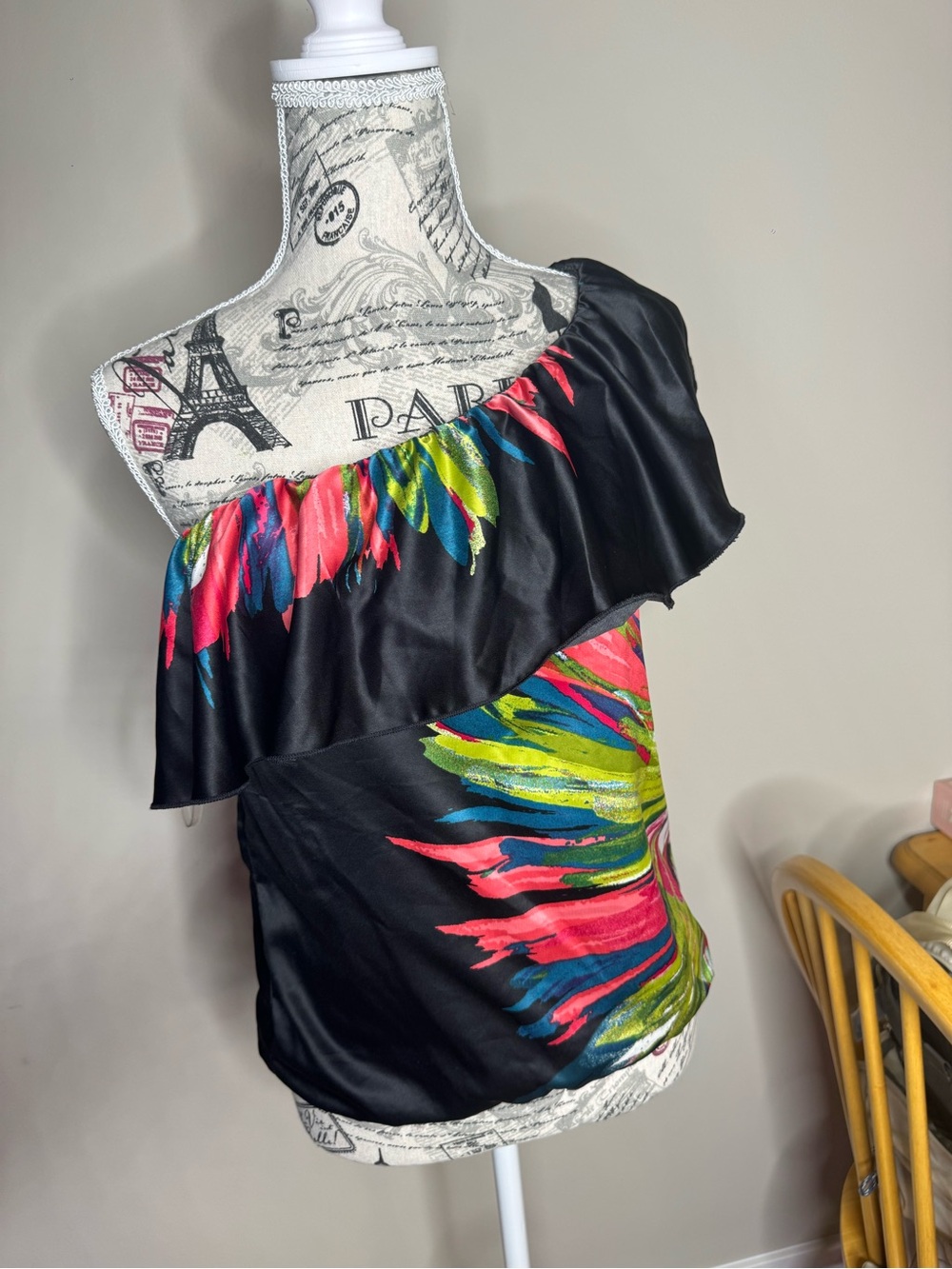 Vintage One-Shoulder Black Floral Satin Women's Top